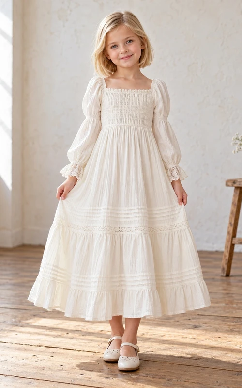 Renaissance Weißes Blumenmädchenkleid mit eckigem Ausschnitt, langen Ärmeln und Raffungen