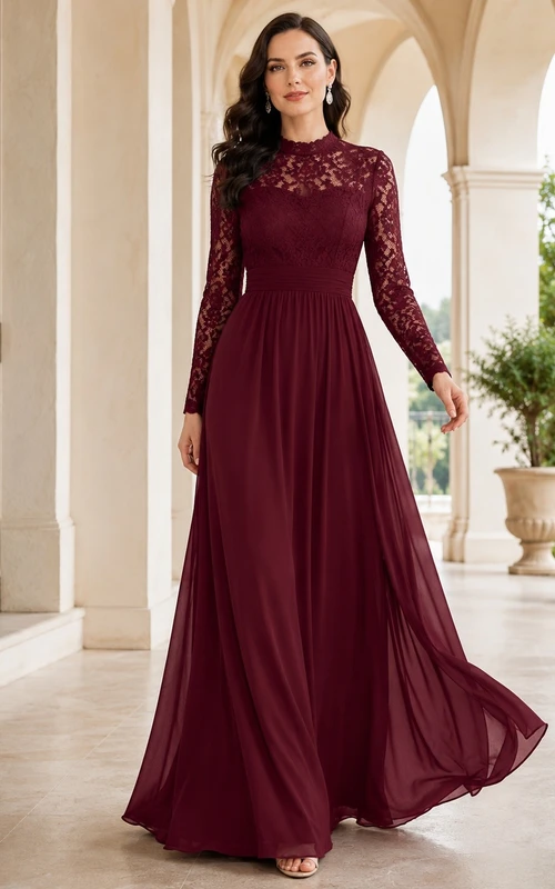 Burgundy Lace Jewel Neck Long Sleeve A-Line Evening Gown
