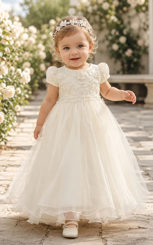 Delicado vestido de bautizo para bebé con cuentas, corte en A, mangas cortas, tul, elegante, romántico y adorable.