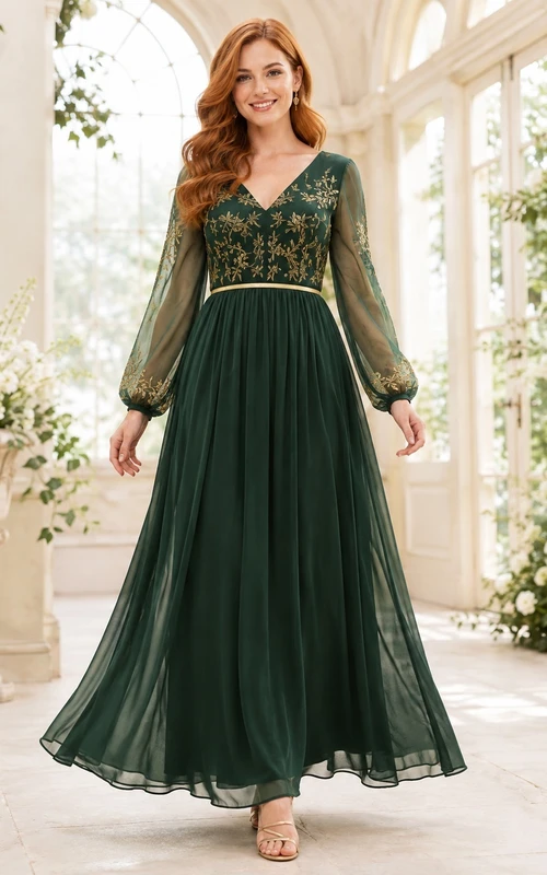 Dark Green Gold Embroidered V-Neck Illusion Long Sleeve Chiffon A-Line Formal Gown