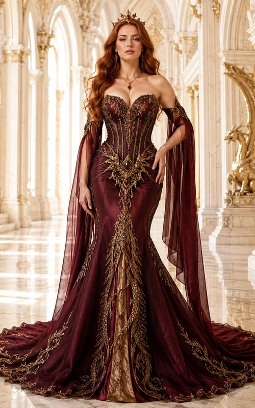 Burgundy Gold Off-the-shoulder Embroidered Mermaid Cape Train Fantasy Evening Gown