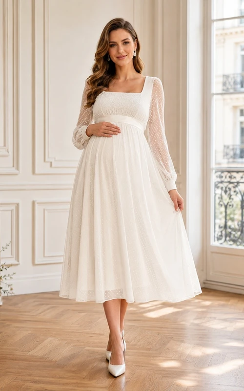 Elegante vestido de novia de gasa con escote cuadrado, manga larga y corte en A, largo hasta la rodilla.