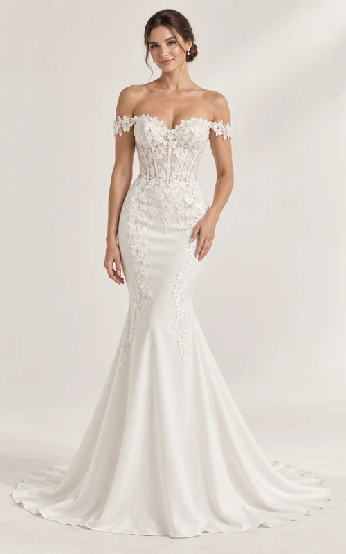 Plain Smooth Skirt Off Shoulder Sweetheart Mermaid Short Sleeve Applique Lace Floor Length Wedding Dress