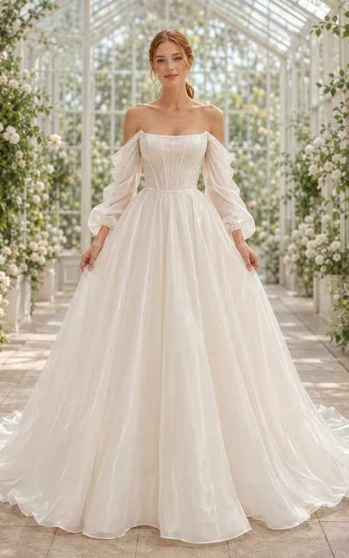 Brautkleid aus Organza-Tüll, A-Linie, schulterfrei, lange Ärmel, Schleppe