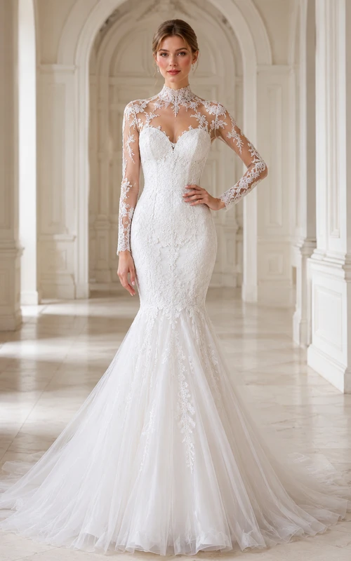 Robe de mariée sirène vintage à col montant, manches longues et dentelle illusion, traîne de cour