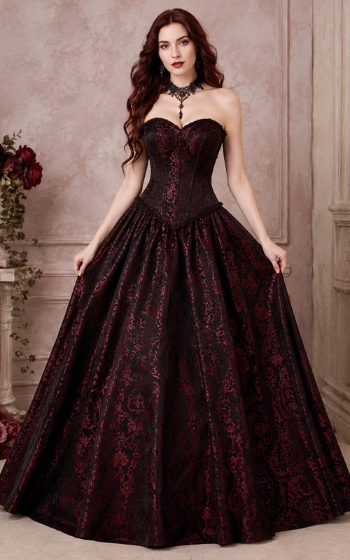 Black Strapless Sweetheart Textured Taffeta Ball Gown Gothic Evening Dress