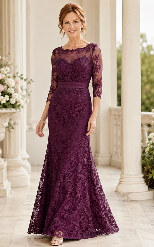 Plum Mother Lace Three Quarter Sleeve Floor Length Mermaid Formal Dress