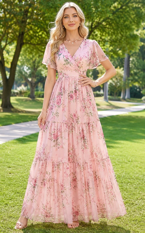 Pink floral V-neck flutter sleeve tiered park maxi dress