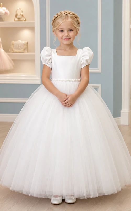 Elegant Tulle Floor-Length Ball Gown Square Neck Puff Sleeve Pearl Flower Girl Wedding Dress