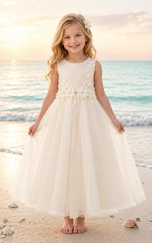 Blumenmädchenkleid aus elfenbeinfarbenem Chiffon und Tüll, A-Linie, Rundhalsausschnitt, Teelänge, mit Schärpendetails