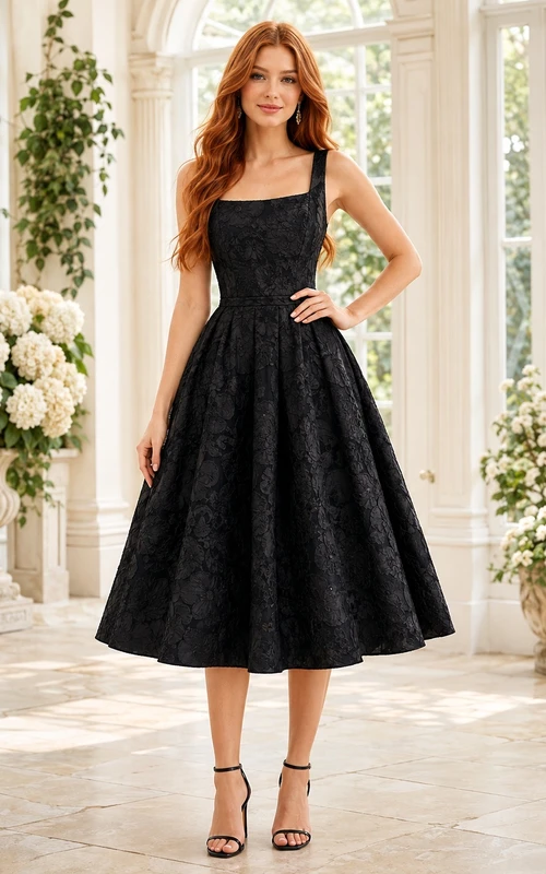 Schwarzes Vintage-Cocktailkleid aus Taft mit floralem Jacquardmuster, Trägern und A-Linien-Schnitt in Teelänge