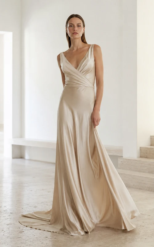 Robe de mariée moderne en satin satiné, col V, sans manches, fourreau, fronces, style vintage.