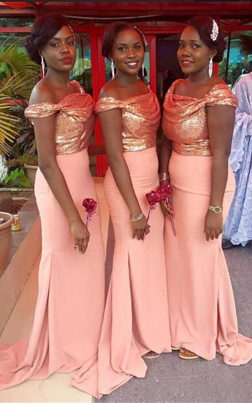 Trompeten-Maxikleid mit schulterfreiem Schnitt, ärmellos, mit Perlen und Pailletten besetzt