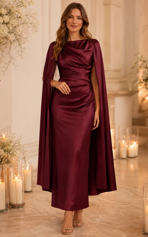 Vestido de invitada de satén burdeos con cuello drapeado y capa hasta el tobillo