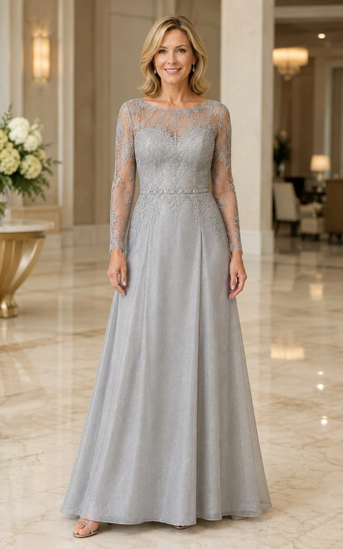 Mutterkleid aus silberner Spitze und Tüll in A-Linie
