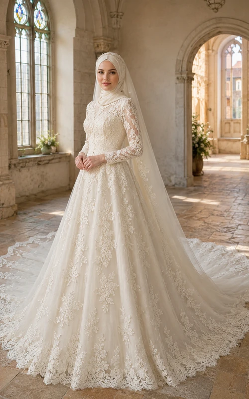 Lujoso vestido de novia musulmán de encaje con cuello alto y cola catedral.