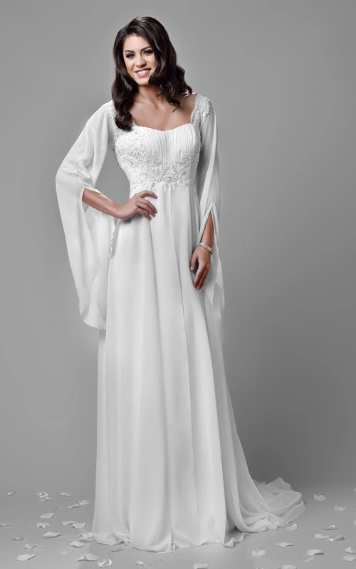 Brautkleid im Empire-Stil aus Chiffon im Bohème-Stil mit A-Linie, Perlenstickerei und Poetenärmeln.
