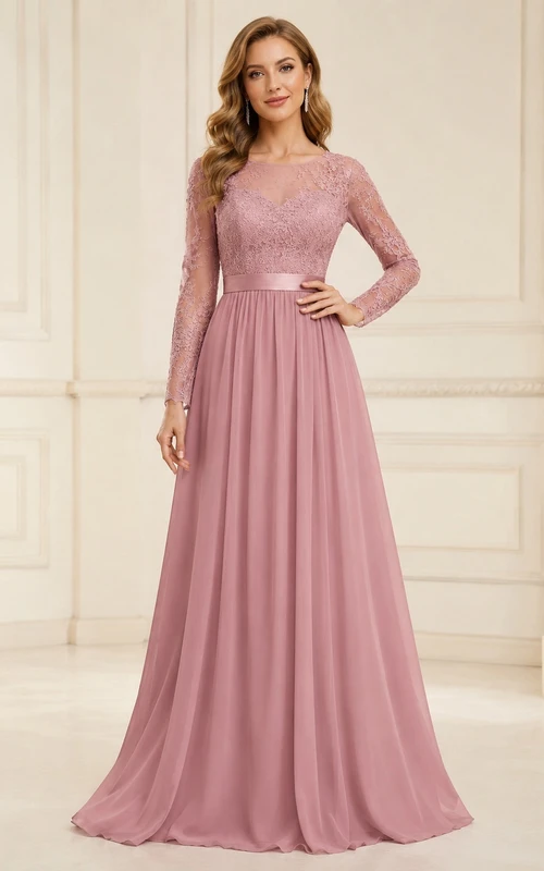 Mauve Lace Long Sleeve A-Line V-Neck Floor Length Modest Evening Gown