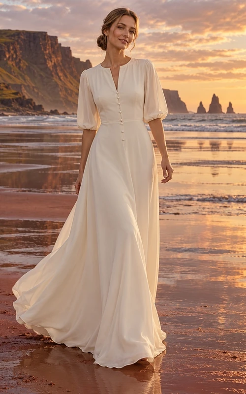 Vestido de novia de crepé de China con escote en V, mangas abullonadas y botones delanteros.