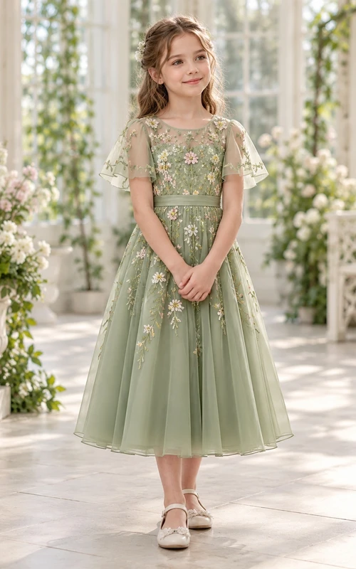 Sage Daisy Embroidered Sheer Flutter Sleeve Flower Girl Dress