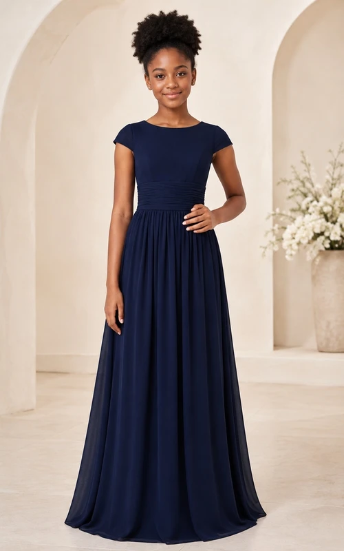 Dunkelblaues Brautjungfernkleid im A-Linien-Stil mit juwelenbesetzten, kurzen Ärmeln, Chiffon und geraffter Taille – elegant