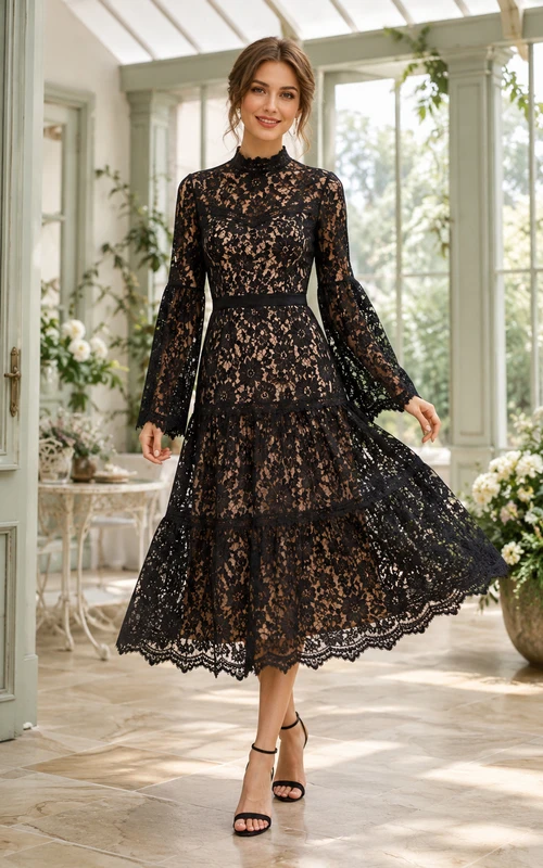 Bell Lace Black A-Line Tea-Length High-Neck Long-Sleeve Bohemian Guest Dress