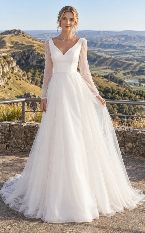 Schlichtes, bodenlanges Brautkleid aus Tüll mit V-Ausschnitt, langen Ärmeln und A-Linien-Schnitt