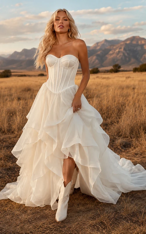 Robe de mariée bustier western à corset en organza superposé, coupe asymétrique, style chapelle