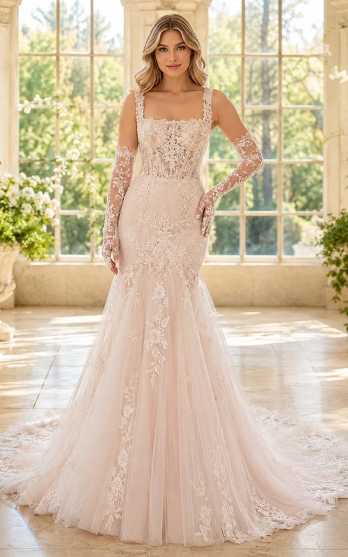 Vestido de novia clásico de encaje con cola larga y corte sirena