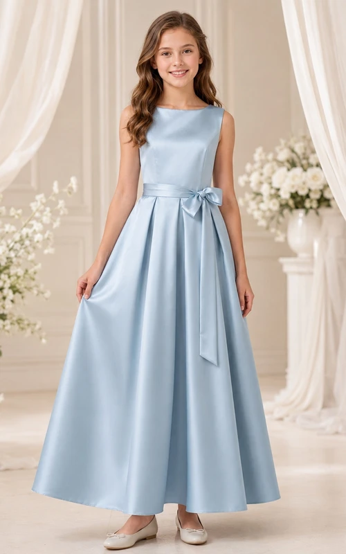 Vestido de dama de honor juvenil azul cielo, corte en A, largo hasta la rodilla, escote barco, sin mangas, lazo en la cintura, estilo romántico.