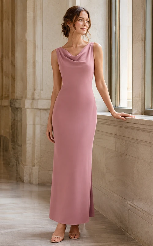 Courthouse Cocktail Dusty Rose Simple Elegant Modern Sheath Satin Bridesmaid Dress with Cowl Neck Sleeveless Tea-Length Draped Zipper Back
