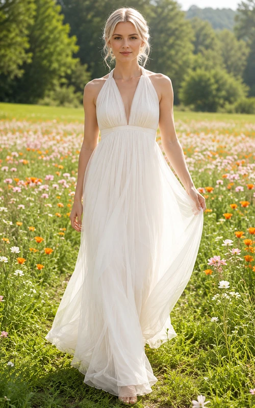 Neckholder-Kleid mit Empire-Taille, Tüll, Wildblumenmuster, perfektes Brautkleid für eine romantische Hochzeit im Wildblumenfeld