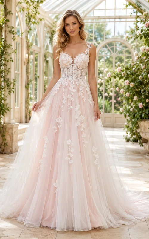 Robe de mariée champêtre rose poudré, col V sans manches, en dentelle, coupe trapèze, traîne, sans manches, en dentelle