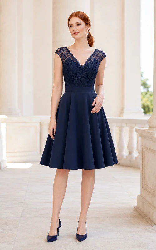 Dark Navy V-Neck Cap Sleeve A-Line Dress