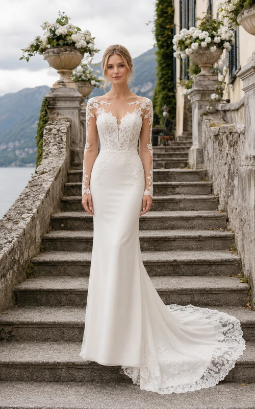 Robe de mariée sirène en crêpe à manches longues et dentelle illusion bateau, style modeste, pour une destination de mariage.