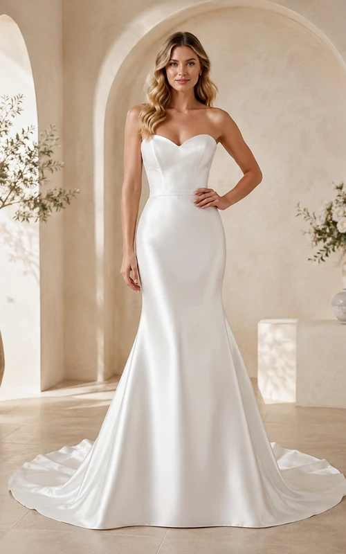 Vestido de novia sencillo estilo sirena, sin tirantes, con escote corazón y cola larga.