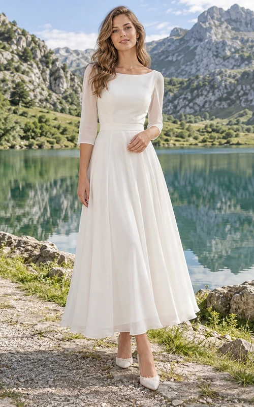 Sencillo vestido de novia de gasa hasta la rodilla, corte en A, escote barco, mangas tres cuartos.