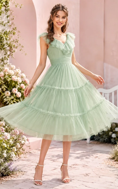 Mint Tulle Square-Neck Short-Sleeve Tiered Tea-Length Party Dress