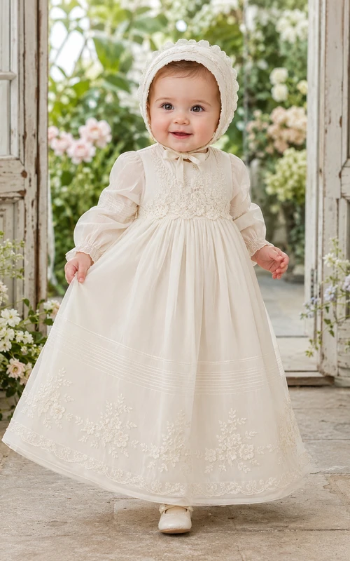 Vestido de bautizo vintage de corte A con mangas largas y encaje bordado