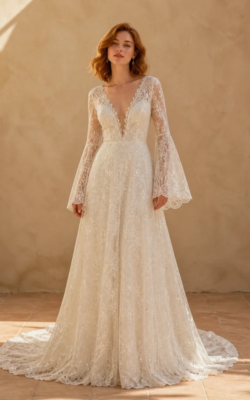 Vestido de novia bohemio de corte A con escote en V y mangas largas hasta el suelo.