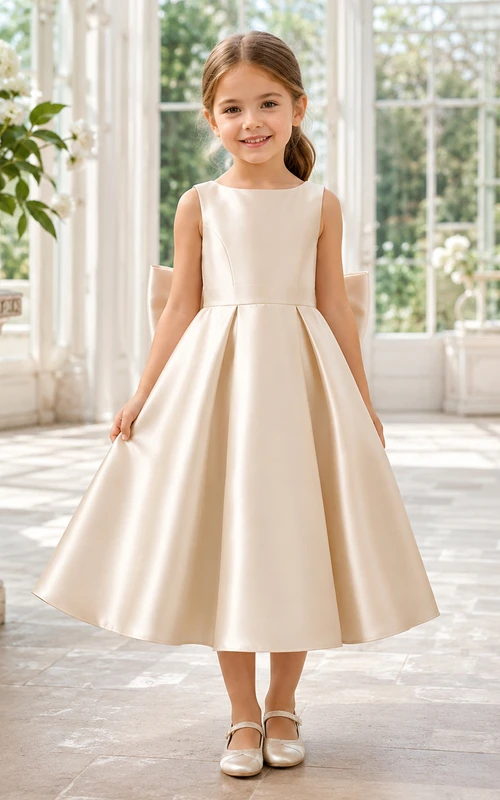 Flower Girl Dress Ivory Satin A-Line Square Neck Tea Length Bow Detail