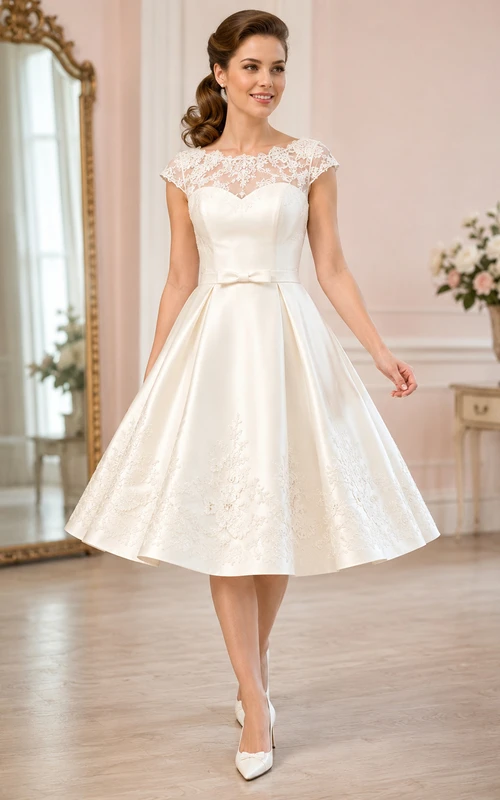 Vintage 1950s Bateau Cap Illusion Lace Satin A-Line Tea Wedding Dress