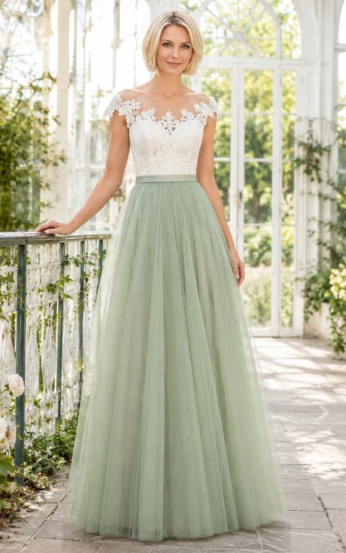 Sage Lace Off-Shoulder Short-Sleeve A-Line Floor-Length Romantic Dress