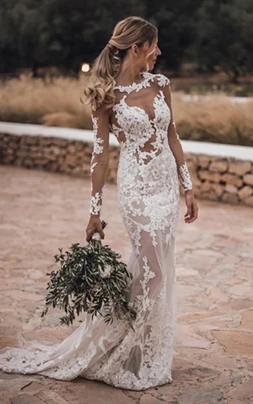 Modernes Brautkleid aus Illusionsspitze mit transparenten, langen Ärmeln