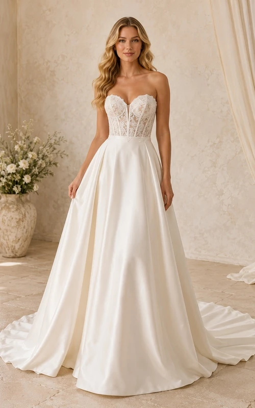 Vestido de novia sencillo sin tirantes, corte A, con corsé forrado de encaje y cola de corte princesa.