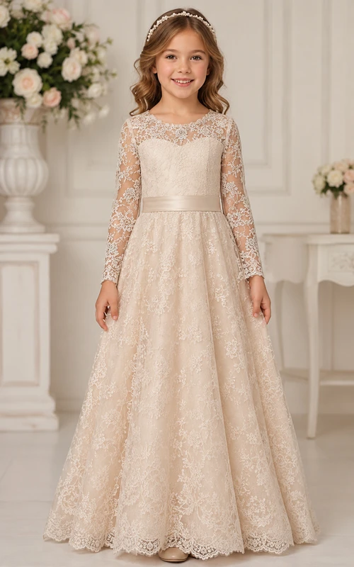 Champagnerfarbenes, langärmeliges A-Linien-Spitzenkleid für Blumenmädchen