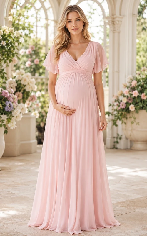 Umstandskleid aus zartrosa Chiffon mit dezentem V-Ausschnitt, flatternden Ärmeln und elegantem Schnitt