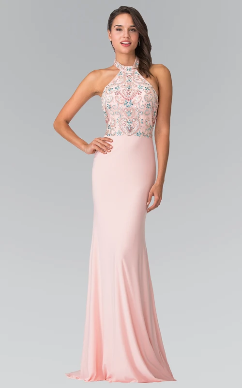 Sheath High Neck Sleeveless Jersey Backless Dress With Beading