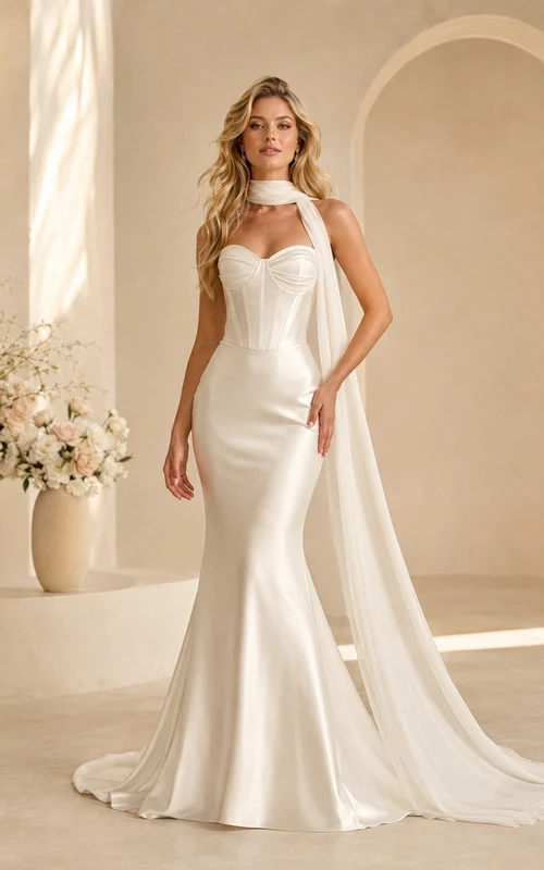 Vestido de novia de satén con cola larga estilo sirena para ceremonia nupcial