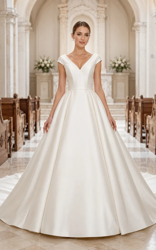 Robe de mariée minimaliste en satin, robe de bal, col en V, sans manches, traîne.